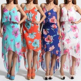 MOGAN Boho Floral Print Chiffon Ruffle TAIL MAXI LONG DRESS Hi Low