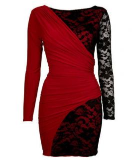 Drape And Lace Detail Bodycon Dress with Lining in Red&Black, Size S