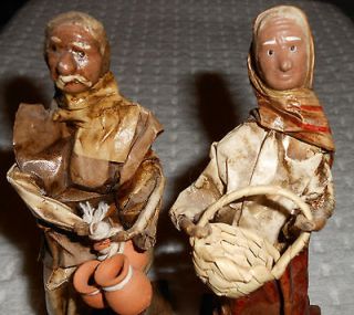 Set 2 Paper Mache Figurines Old Man Woman Clay Pots Basket Mexican