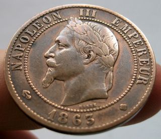 France 10 Centimes coin 1863 BB Strasbourg Napoleon III Km#798.2 Nice