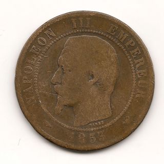 1853 W Dix Centimes Napoleon III Bronze Coin
