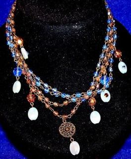 Seasonal Whispers Necklace 4 Strand Blue & Amber Beads Crystals in