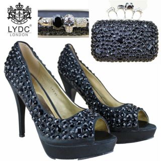 LYDC Black Diamante Gem Crystal High Heel Shoes And Maching Evening