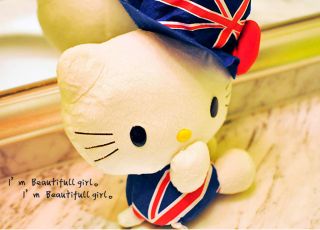 British Style Dress Blue Sit Hello Kitty Plush Doll Toy 14 New