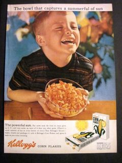 Vintage 1956 Cute Boy Smiling with Bowl of Kelloggs Corn Flakes