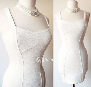 21 Cream White Floral Lace Panel Knit SEXY Fitted Bodycon Dress