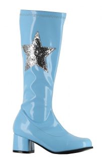 Kids Retro 70s Girls Glitter Star Light Blue Patent Go Go Boots