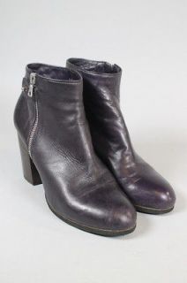 DRIES VAN NOTEN Dark Purple Leather Round Toe Chunky Heel Ankle