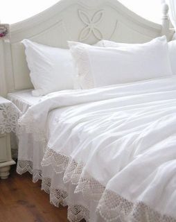 Shabby and Elegant White wide lace Duvet cover Bedding Set