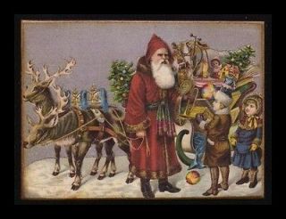 Wood Block~Christmas~Santa~Sleigh~Reindee~Vintage Style Postcard Print