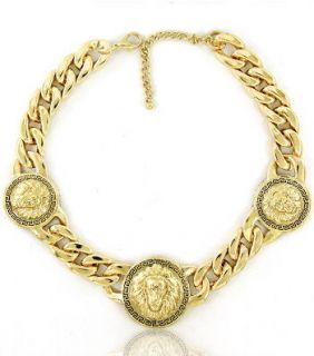 Versace Style GOLD 3 LION Head Pendant Cuban Link Chain Necklace 16 19