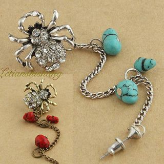 Antique Silver&Bronze Turquoise Crystal Spider Chain Clip Ear Stud