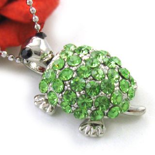 Adorable Lime Green 3D Turtle Crystal Pendant Necklace