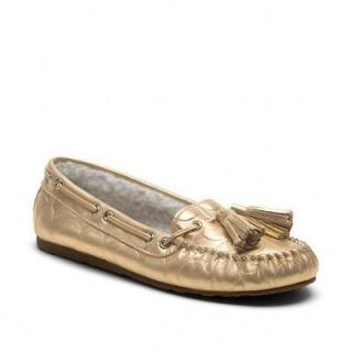 Anita Moccasin Embossed Signature Leather Slippers Metallic Gold   US8