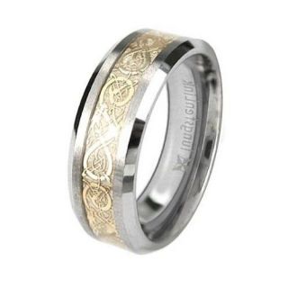 Tungsten Carbide Comfort Fit Flat Men Black Inlay Celtic Dragon Ring