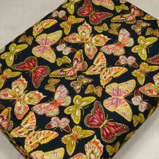 JAPANESE BUTTERFLY IN DARK BLUE ASIAN RETRO PRINT 100% COTTON FABRIC #