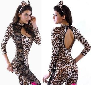 Wet look Leopard Print & Black Lace Catsuit One Size 8 10 12