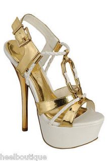 LILIANA Metallic Gold & White Braided Strappy High Heels Sandals Shoes
