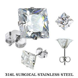 316 Surgical Stainless Steel Stud Earring with 10mm Princess Cut