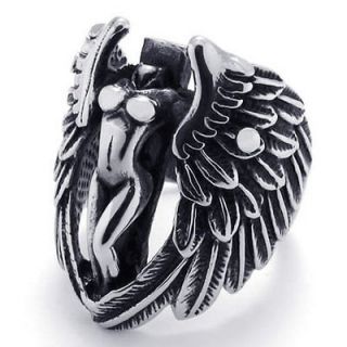 Size 11 Vintage Silver Black Tone Angel Wing Stainless Steel Mens Ring