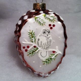 Martha Stewart Snowy white Owl Pinecone Glass Christmas Tree Ornament