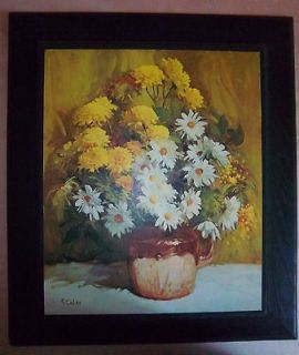VINTAGE FLORAL KITCHEN PICTURES OF DAISIES & MUMS ON WOOD BY R. COLAO