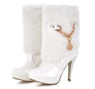 white faux fur heel gold chain mid calf boot new