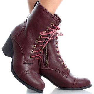 Red Victorian Lace Up Combat Women Chunky High Heel Ankle Boots Bootie