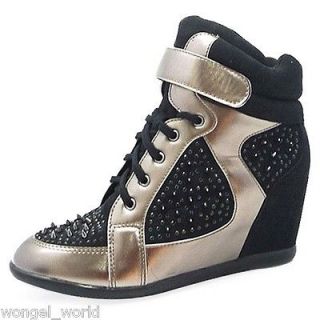 Wild Diva Black High top laced Spike stud ankle bootie Sneaker Wedge