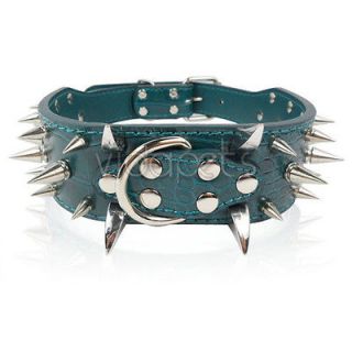 23 26 Green Leather Spiked Dog Collar Pitbull Bully Spikes Extra