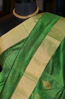 Green Chanderi Silk Cotton Saree with Gold Border