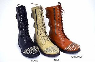 NEW Womens Fashion Studded Spike Combat Boot Zipper And Lace Up