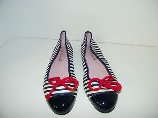 PRETTY BALLERINAS SHOES 37 / 7 NAVY BLUE STRIPE FABRIC LEATHER RED