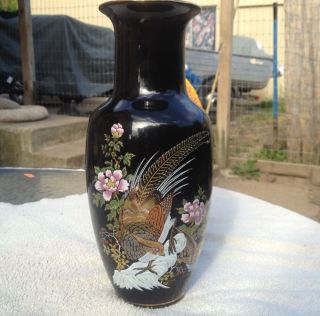 Vintage Made In Japan Black Vase With Beautiful Pheasants Birds Quails