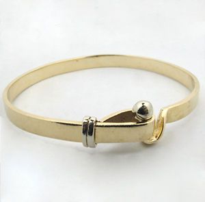 High Polish 14K Solid Gold Hook & Eye Motif Bangle Bracelet