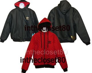 ADIDAS HEAVY DENIM MENS REVERISBLE QUILTED HOODY JACKET BLACK/RED/GOLD
