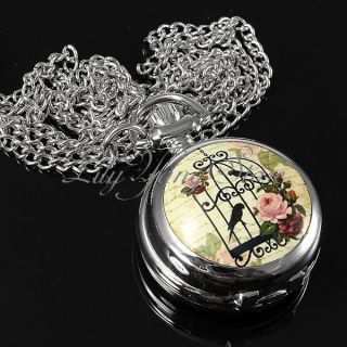 Vintage Retro Birdcage Rose Necklace Pendant Chain Quartz Pocket Watch