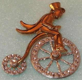 BRASS High Wheeler Bicycle with riveted SILVERTONE Wheels PIN BROOCH
