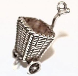 Cart Basket Vintage Sterling Silver Bracelet Charm, Wheels Turn