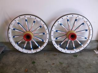 Early Pair of 36 Wooden Circus, Wagon Wheels, Older Paint Decorated