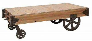 Rustic Pine Wood Cart Coffee Table Antique Wash Iron Wheels 56 Long