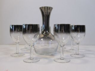 THORPE GLASSES WINE GLASSES   DECANTER SILVER RIM BAND ROLY POLY GLASS