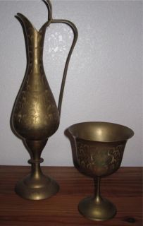 Vintage Etched Brass Cup & Pitcher India Glass Antique Set Middle