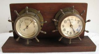 Vintage Waterbury Rim Wind Ships Wheel Clock Barometer Brass Jeweled