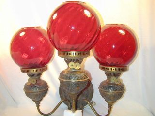 PAIR Antique CRANBERRY GLASS SWIRL Wall Sconces electric kerosene