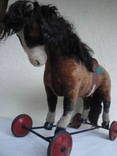 LAGE ANTIQUE STEIFF HORSE ON WHEELS FOR RIDING OR PULL BEHIND ROCKING