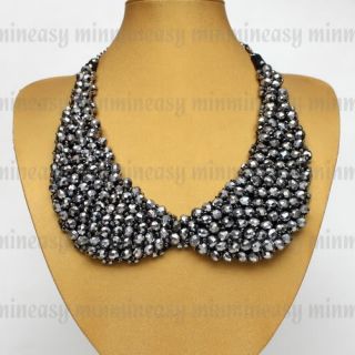 Black Silver Sequined Crystal Vintage Choker Peter Pan Necklace Charm