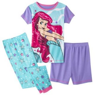 Disney Princess Girls 3 Piece Short Sleeve Ariel Pajama Set   Blue 10