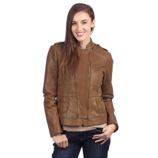 United Face Womens Brown Leather Double zip Jacket
