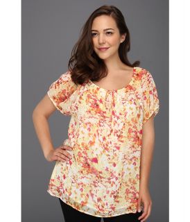 Calvin Klein Plus Size Abstract Floral Printed Peasant Top Womens Short Sleeve Pullover (Multi)